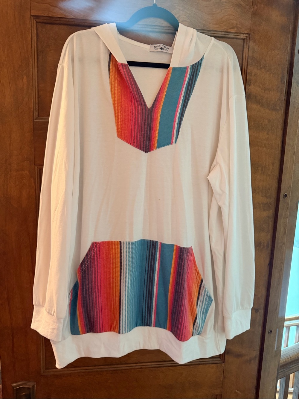 Crazy Train Cream Hoodie with Multicolor Aztec Stripe Accents